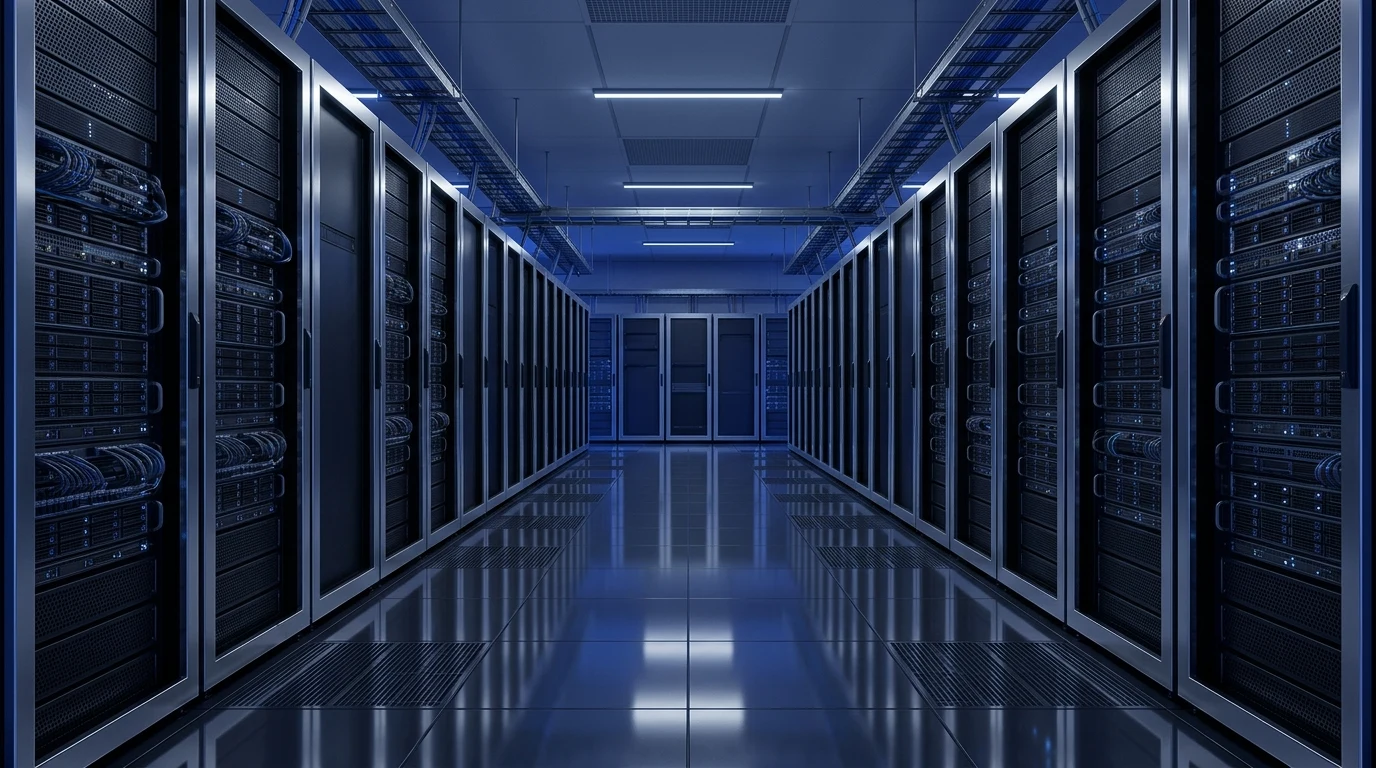 A symmetric server hall in cool sapphire and platinum light: chrome and charcoal racks receding down a mirror-polished floor, marked only by small cool-white indicator points.
