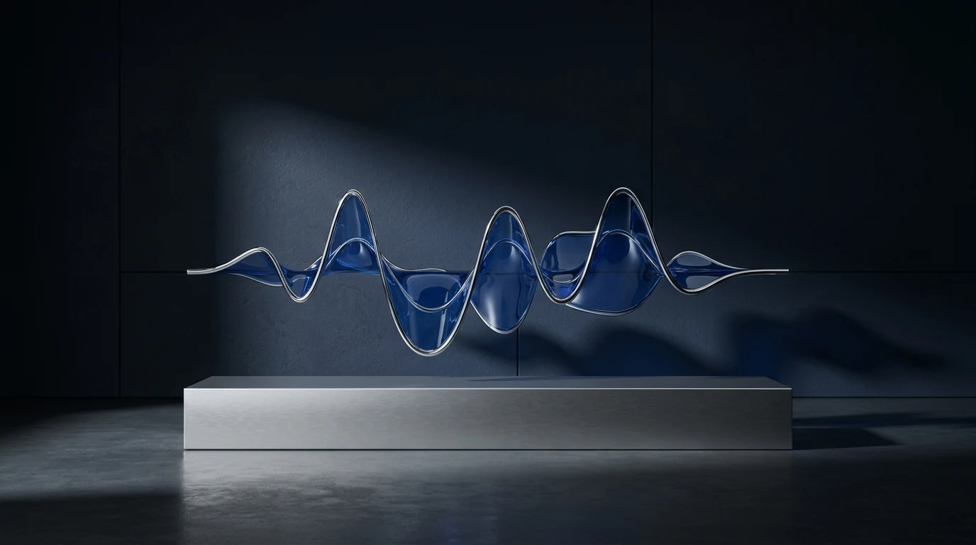 A call waveform rendered as a physical sculpture in sapphire glass and chrome, standing on a brushed platinum plinth in a dark gallery space under raked cool light.